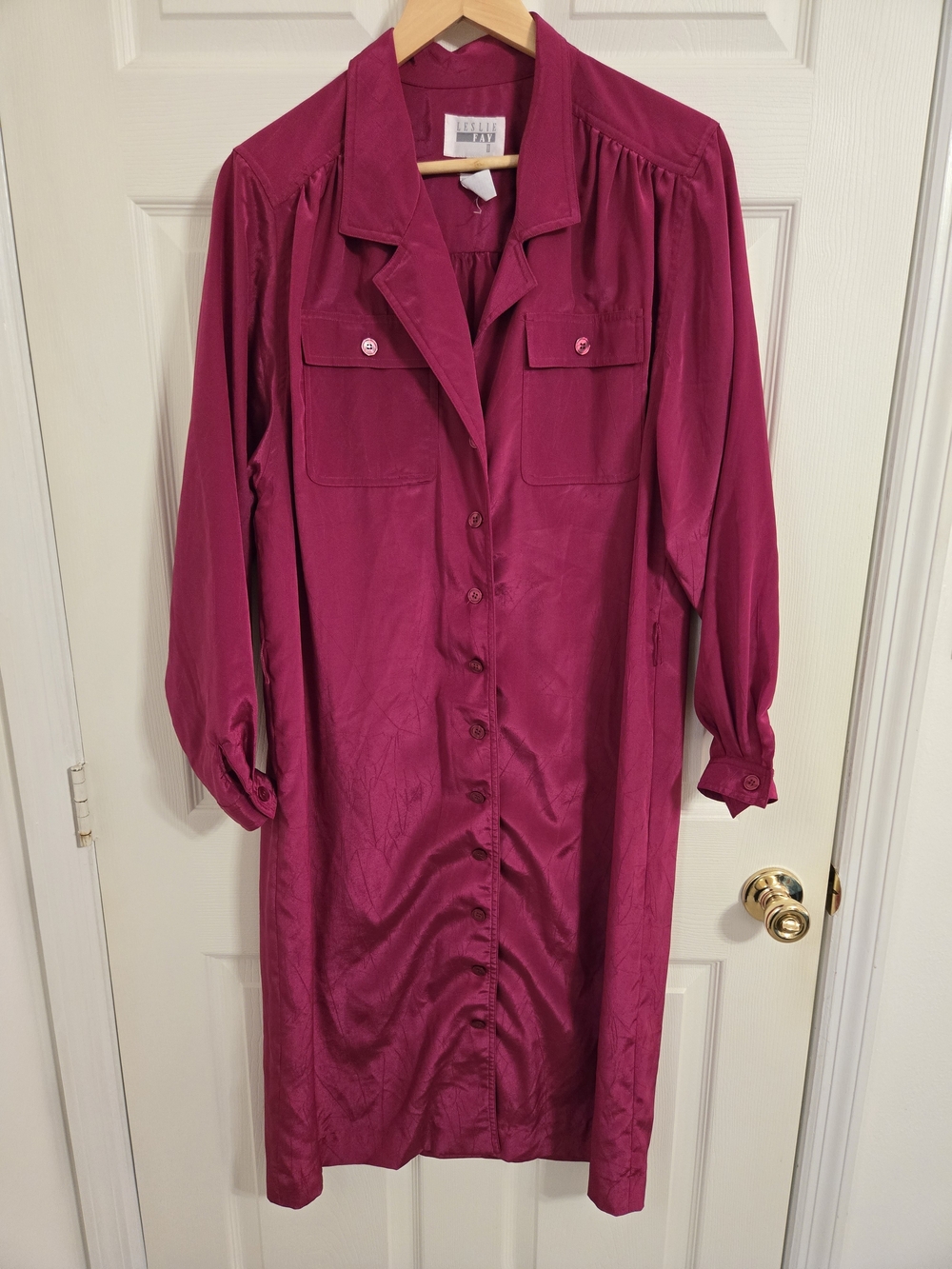 Leslie Fay Retro  Silky Fuchsia Button-Front Shirt Dress Size 14W